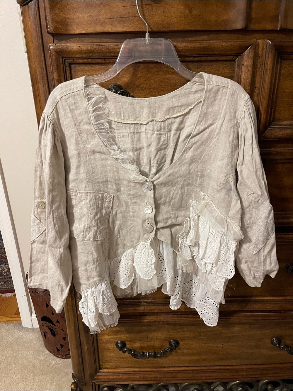 Magnolia Pearl Natural Linen Button Front Jacket/Blouse with Eyelet Ruffles